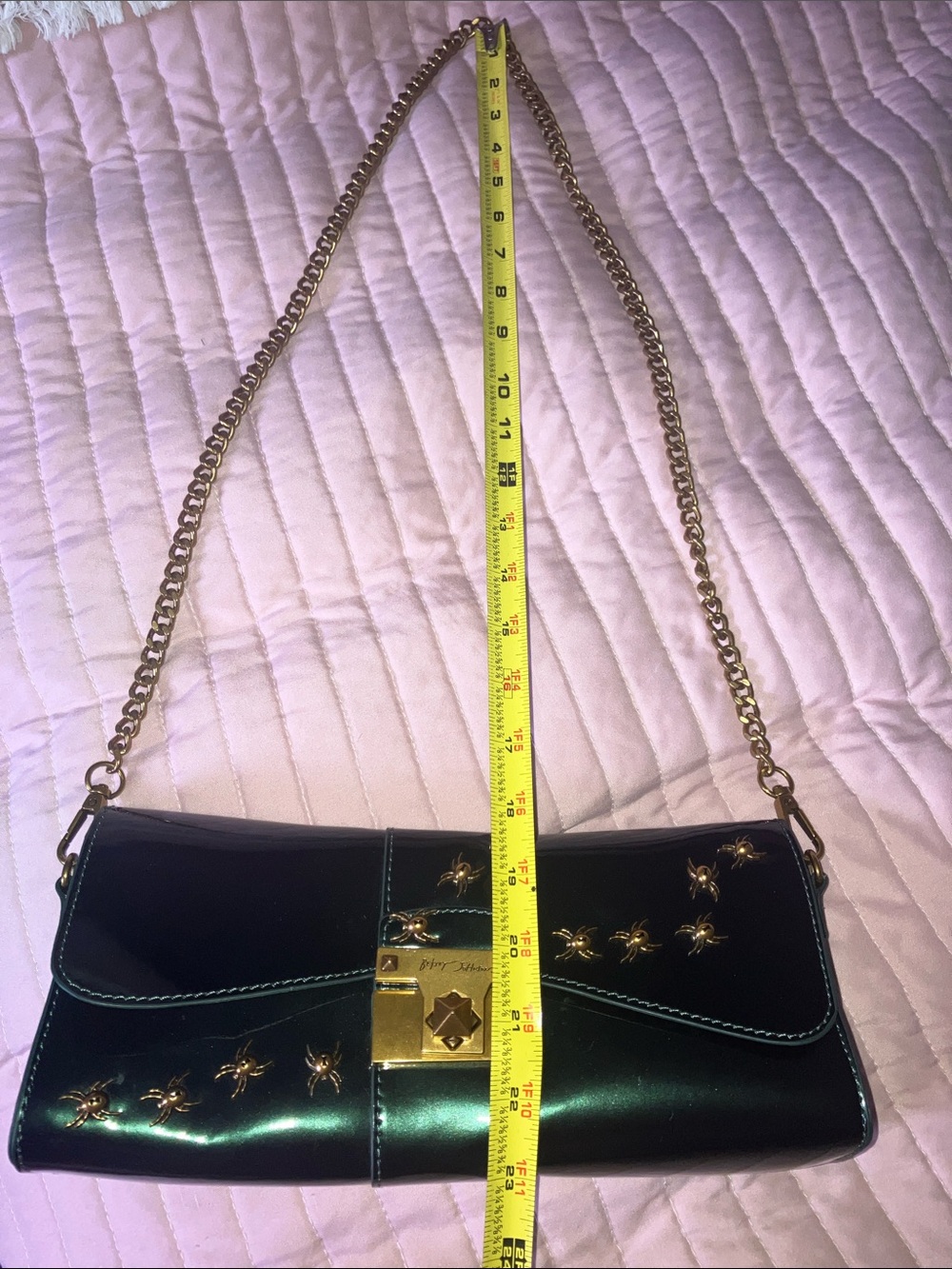 Betsey Johnson dark green spider stud chain purse eyes + hearts inside RARE EUC - Picture 16 of 16